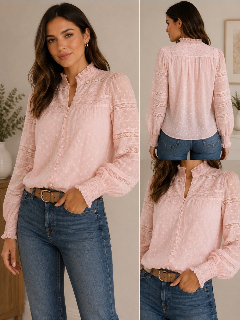 White House Black Market Soft Pink Swiss Dot Lace Blouse